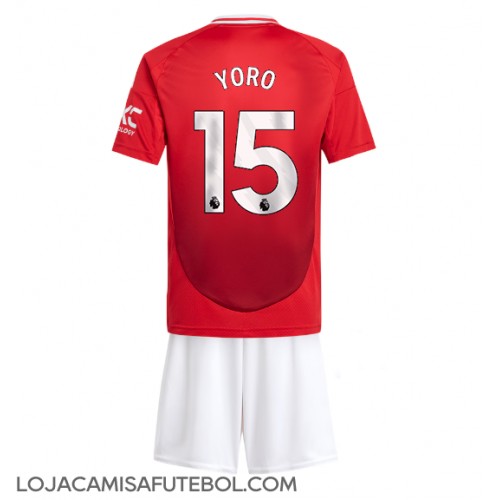 Camisa de Futebol Manchester United Leny Yoro #15 Equipamento Principal Infantil 2024-25 Manga Curta (+ Calças curtas)